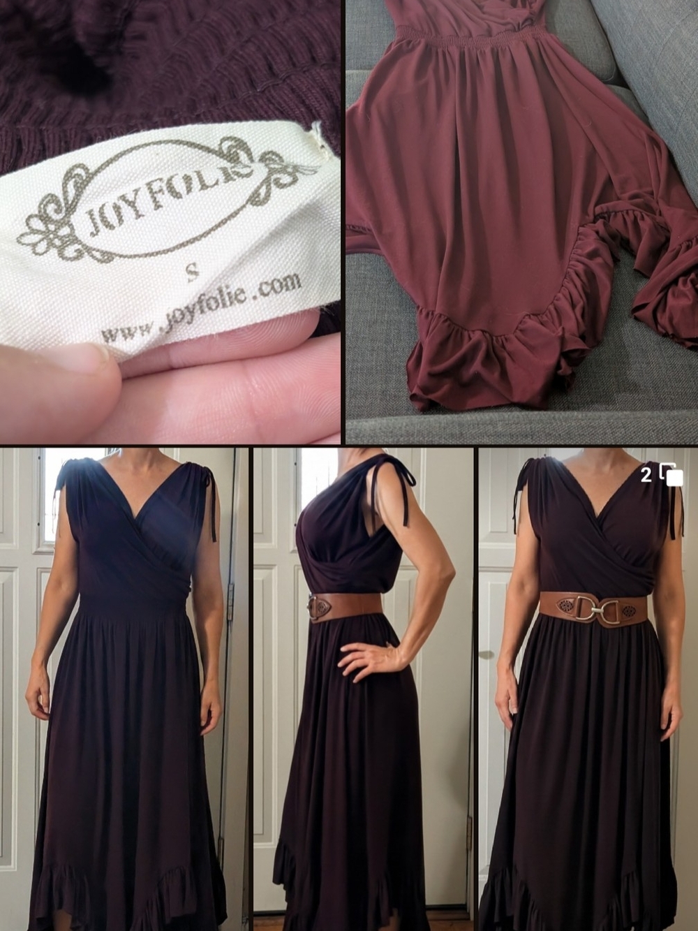 Joyfolie Women's Burgundy Ruffle-Hem Maxi Dress